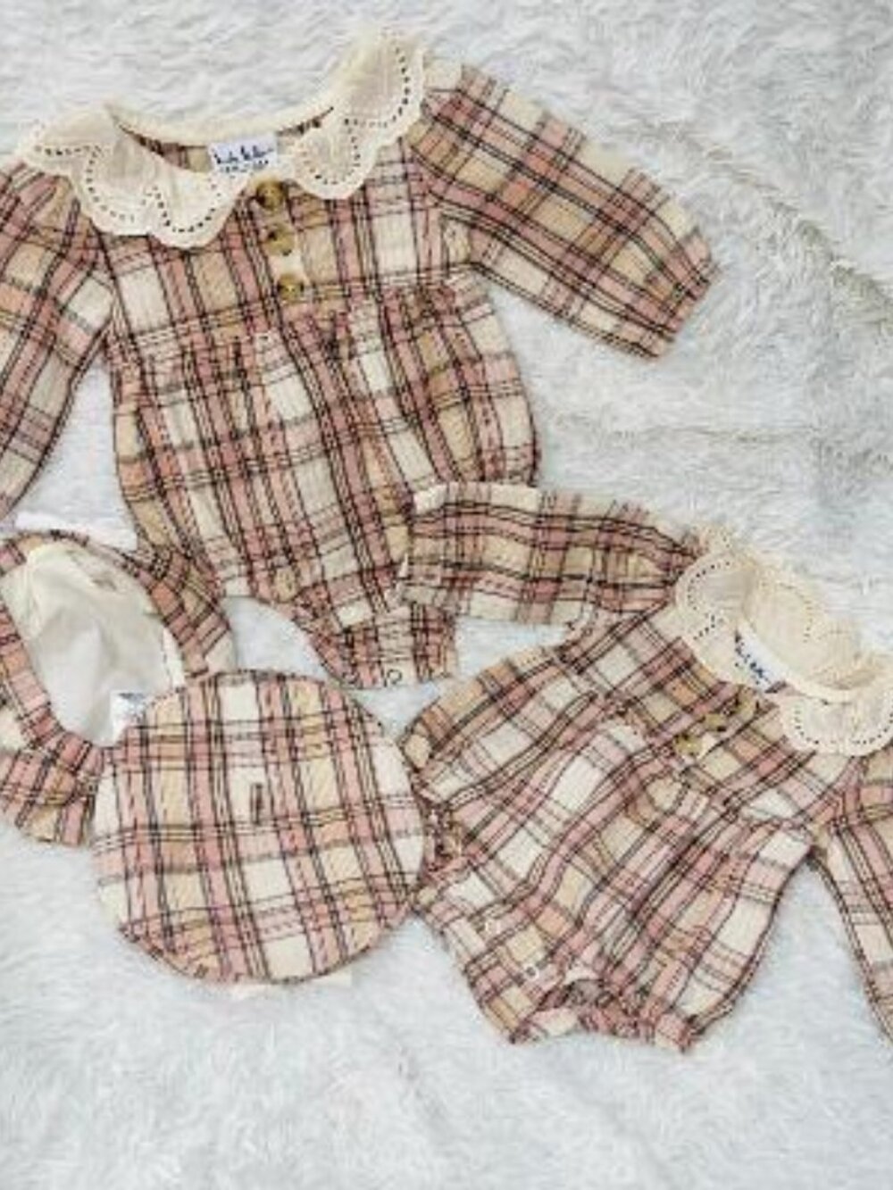 Nicole Miller Twin Girl 0-3 Months Romper with Hats Plaid Pink Brown Ecru Collar